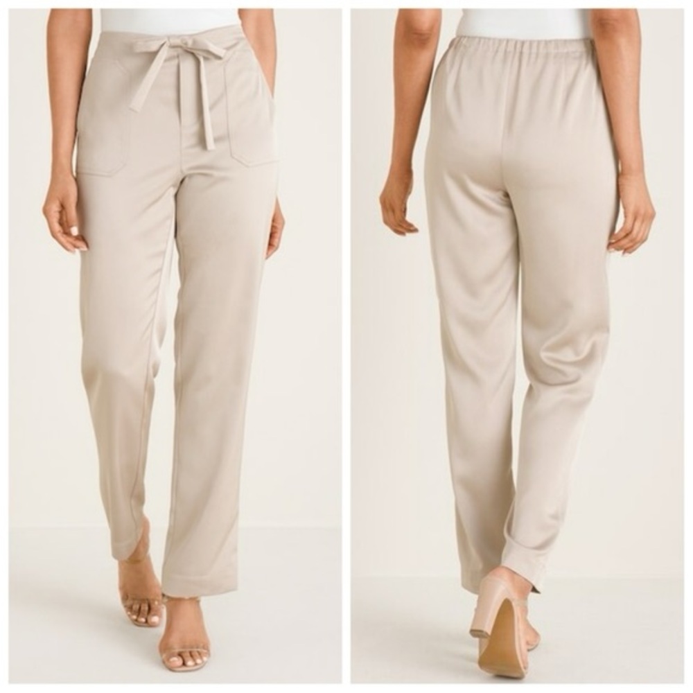 BLACK LABEL by CHICO’S Relaxed Fit Satin Tie-Front Pants Soft Taupe Size Large